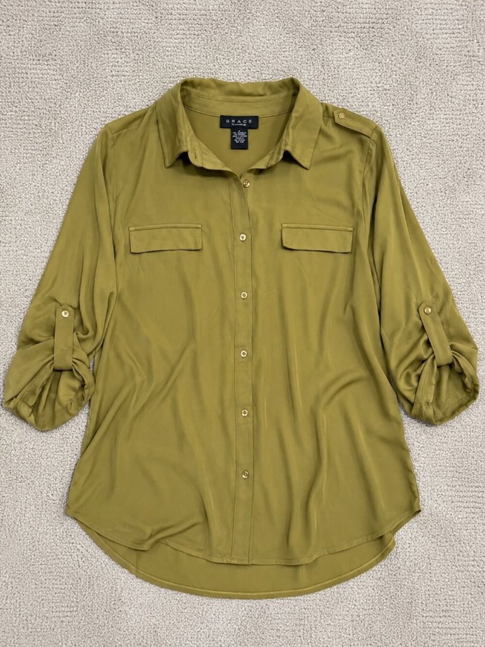 Grace Olive Button Down Collared Long Sleeve Top NWT - Picture 4 of 6